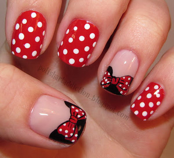 Minnie Mouse French and Polka Dots Nail Art. 