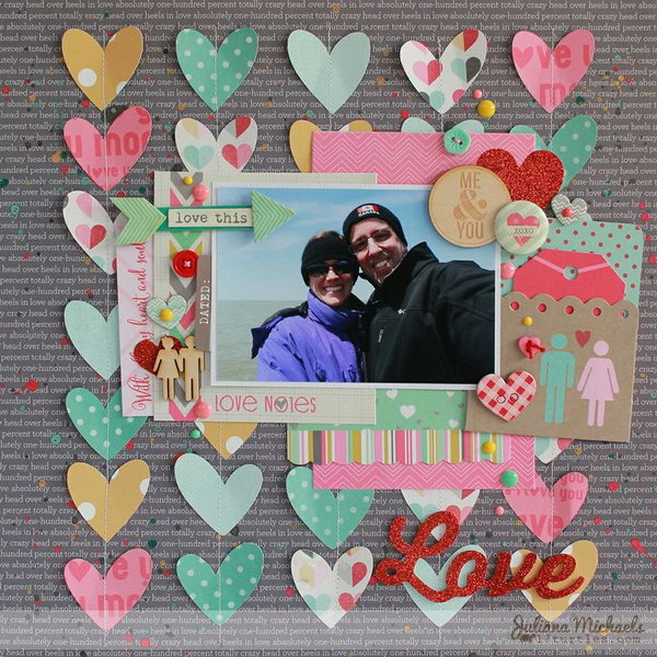 Love Scrapbook Layout with Colorful Paper Hearts. This one will make a great scrapbook gift for your boyfriend on valentines day. Learn how to make it 