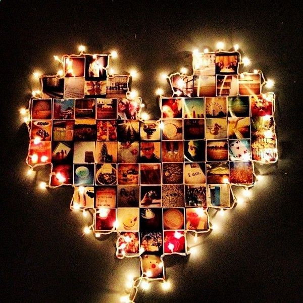 The heart shape photo scrapbook with lights around is a cool and romantic scrapbooking idea. A perfect gift for boyfriend. 