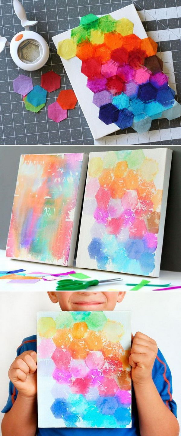 Kids Craft: Tissue Painted Canvas. This fun and beautiful art project for kids is made using bleeding art tissue instead of regular wrapping tissue and water. You can get this specialty tissue in the craft store. Get started to craft this art work with the tutorial 
