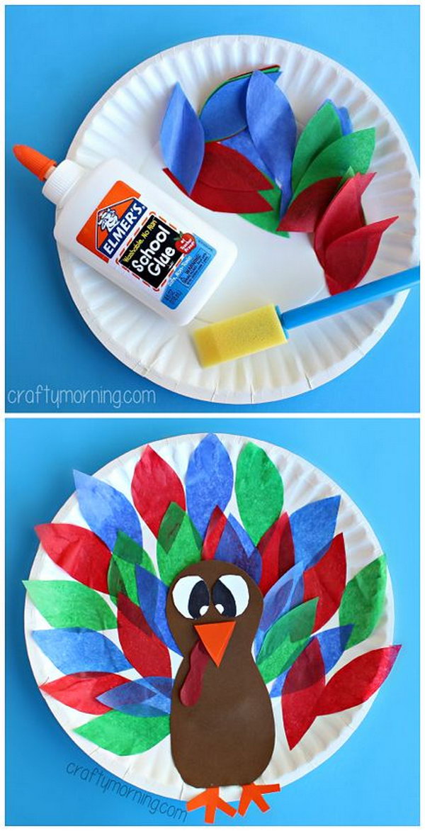 Paper Plate Turkey Craft Using Tissue Paper. This pretty easy tissue paper craft can be done by toddlers and preschoolers as well. It is also fun to make for your kids. See the tutorial 