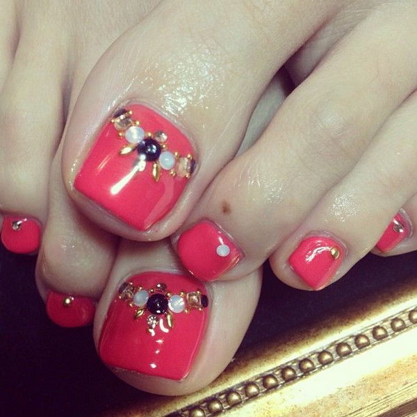 Red and Rhinestone Finished Toe Nails. 