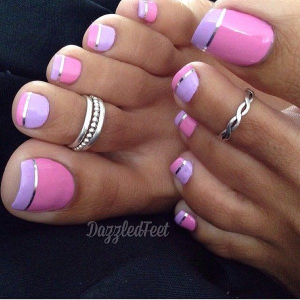 Pink, Periwinkle and Silver Colors French Tip Toe Nails. 