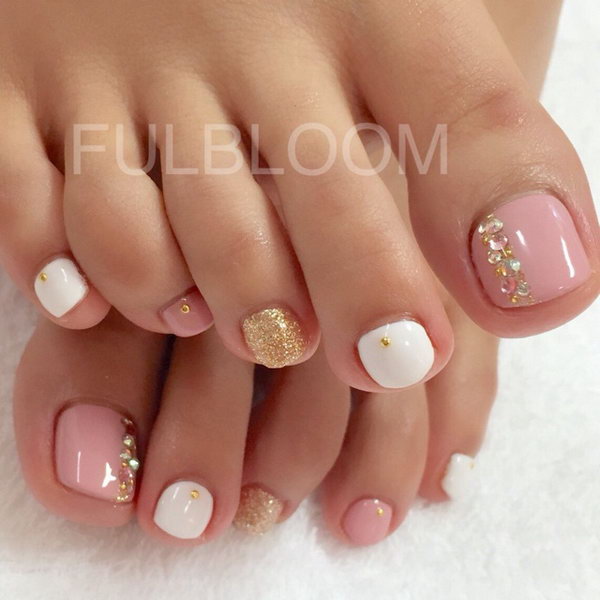 Pink and White Pedicure with Glitter and Gems. 