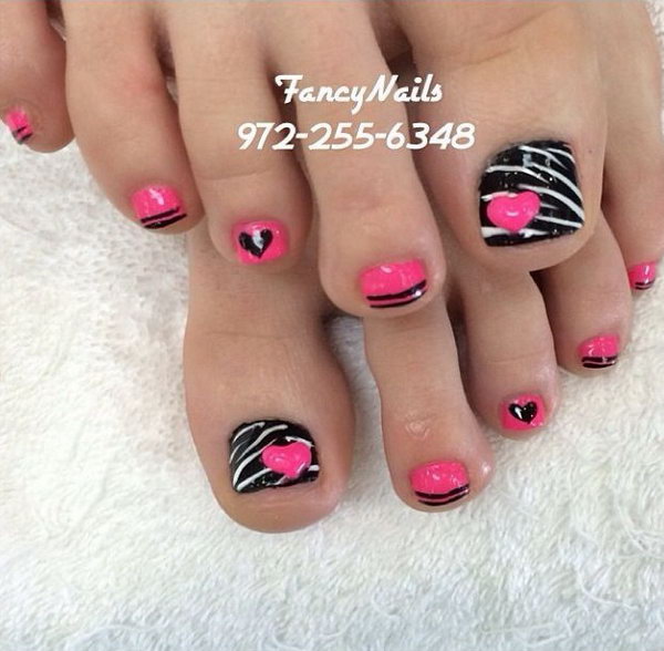 Zebra Toe Nail with Hearts Accented. 
