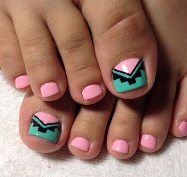 Teal and Peach Tribal Toe Nails. 