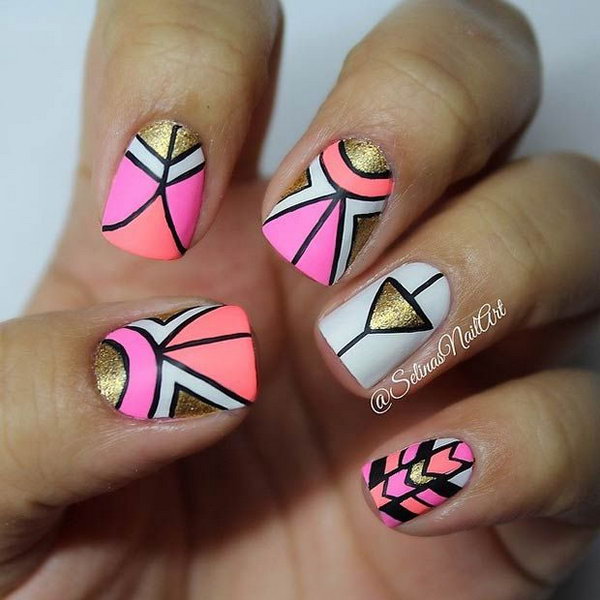 Gold and Neon Tribal Nail Design. 