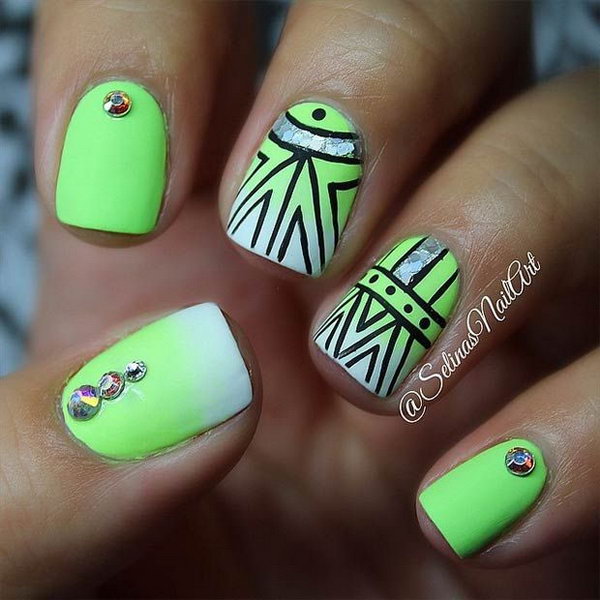 Lime Green Tribal Nail Design Accented with Rhinestones. 