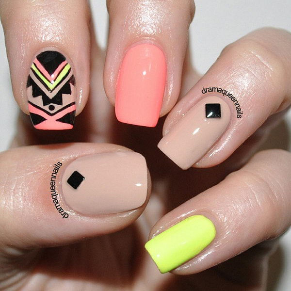 Nude and Neon Tribal Nails. 