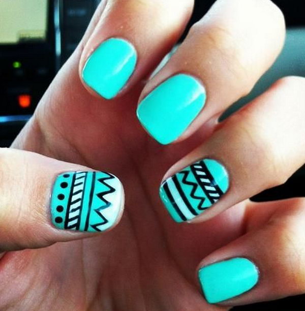 Tribal Nail Designs in Teal Color. 