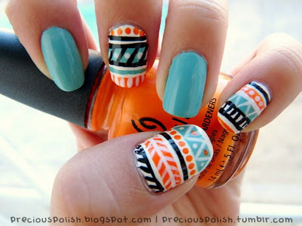 Sky Blue and Orange Tribal Nail Art. See more details 