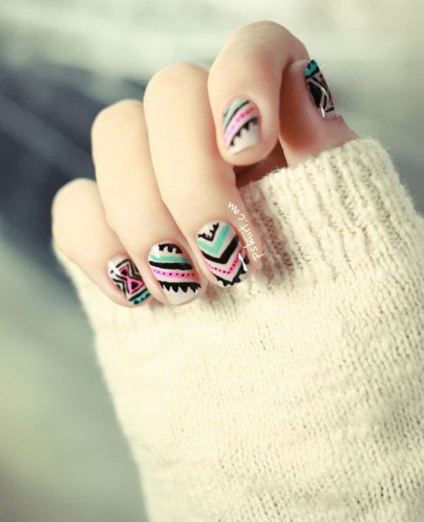 Black, Pink and Mint Tribal Nails. 