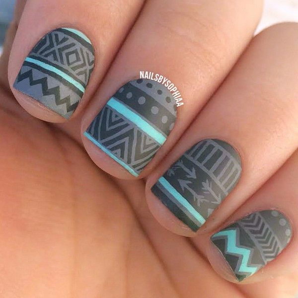 Matte Grey and Mint Tribal Nail Designs. 