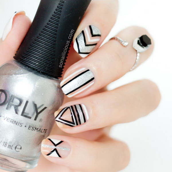 Silver, Nude and Black Tribal Nails. Get the directions 