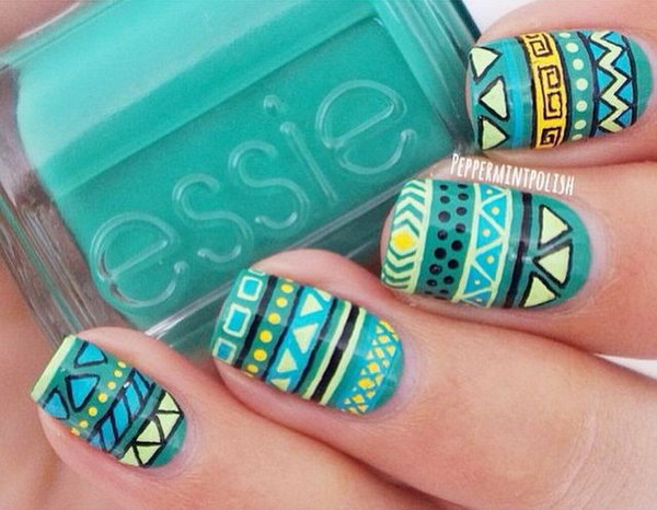 Blue and Yellow Tribal Nails. 