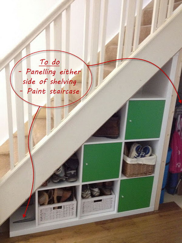 Expedit Under stairs Storage Ideas. The under stairs area had the potential to be a great storage area with some IKEA Expedit shelves in the hallway. Check out the tutorial 