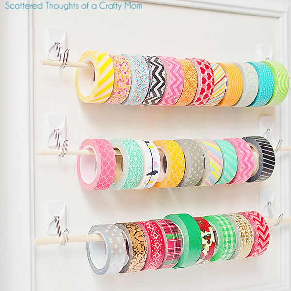 Easy Washi Tape Storage with Sticky Hooks and Wooden Dowels. Get the nstructions 