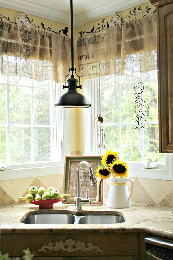 DIY No Sew Burlap Kitchen Valances Made from Coffee Bags. See how 