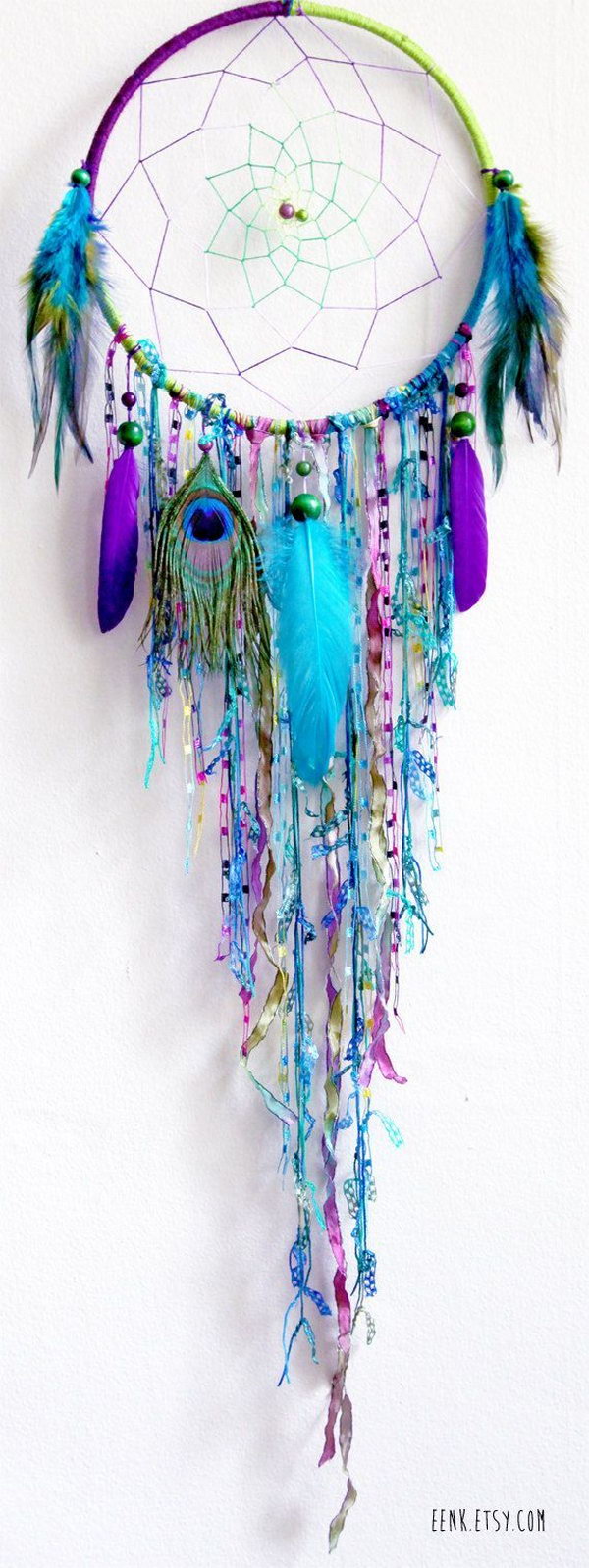 DIY Blue Feather and Bead Dream catcher . 