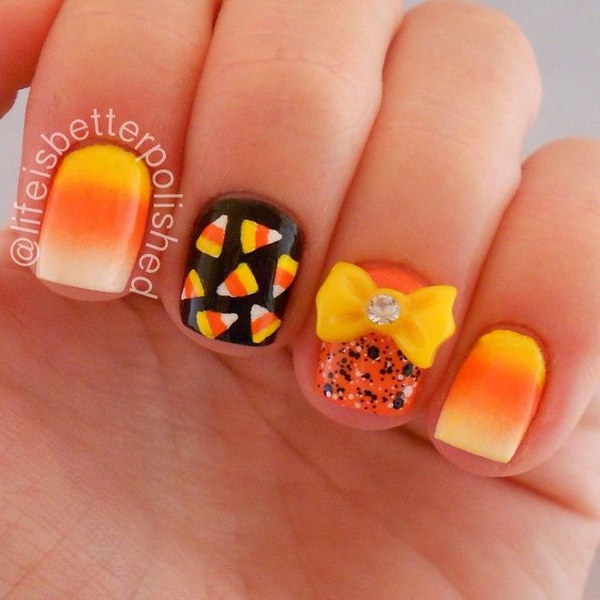 Fall ready Nails with a Cute Yellow Bow Accent. 