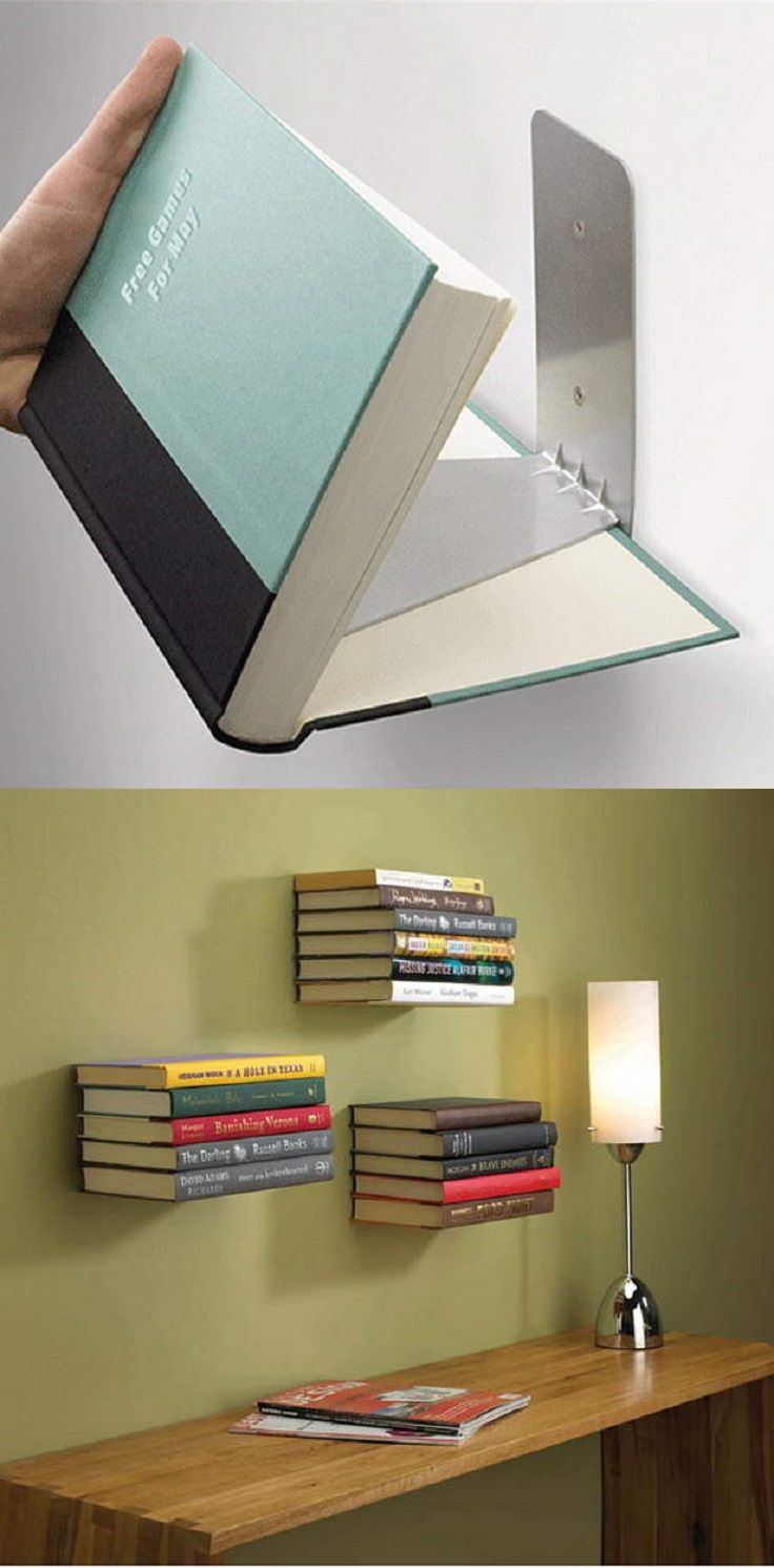 DIY Book Shelves Made out of Books.  Install invisible bookshelves that give a magical and interesting look to the viewers. 