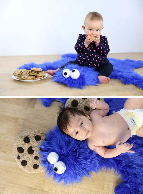 Easy DIY Cookie Monster Fur Rug With Cookie Pillows. All you need is fake fur and other stuff easy to find at home. 