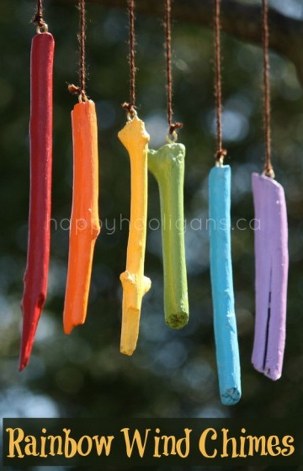 Beautiful Twig Rainbow Wind Chimes. This painting project is so fun, and it will keep the kids playing for a whole afternoon! 