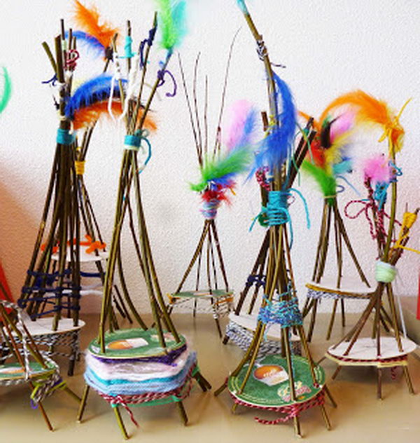 Mini Woven Teepees made by children. This is a fun native American arts and crafts activity for children. 