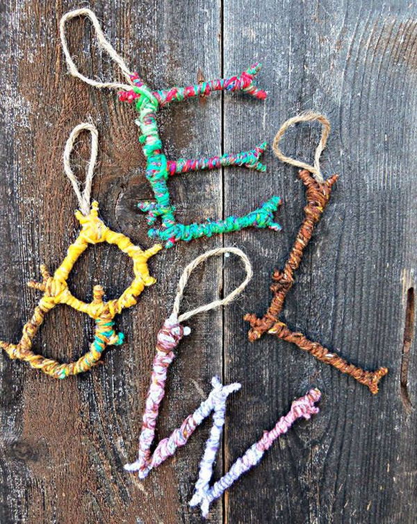 Colorful Yarn Bombed Twigs Letter Ornaments. The pop of color meets the rustic charm of autumn foliage in this yarn twigs letter ornaments. 