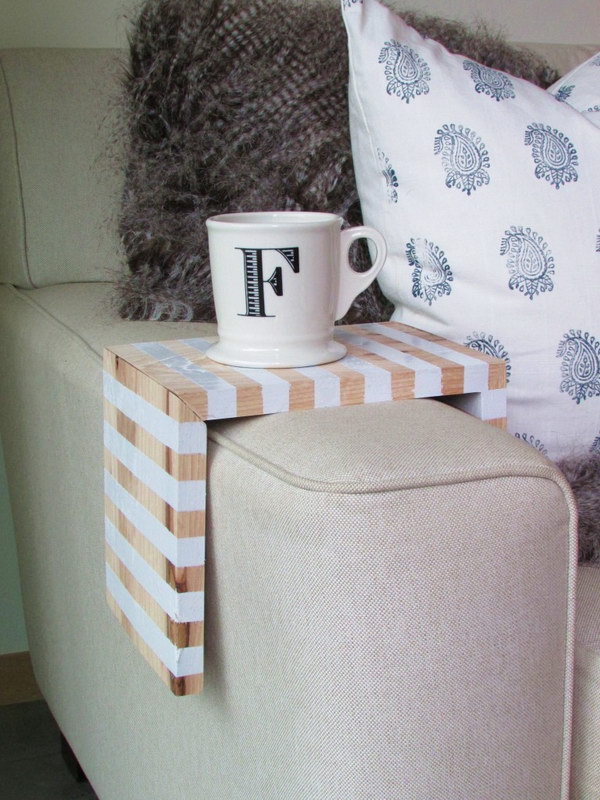 DIY Coffee Table Tray. This coffee table tray wraps the sofa arm and take up not even a fraction of your precious square footage. 