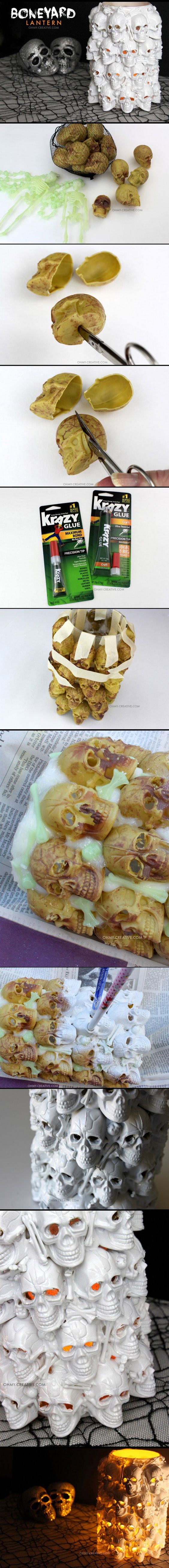 DIY Boneyard Lantern Made with Mini Plastic Skulls Found at Michael’s 