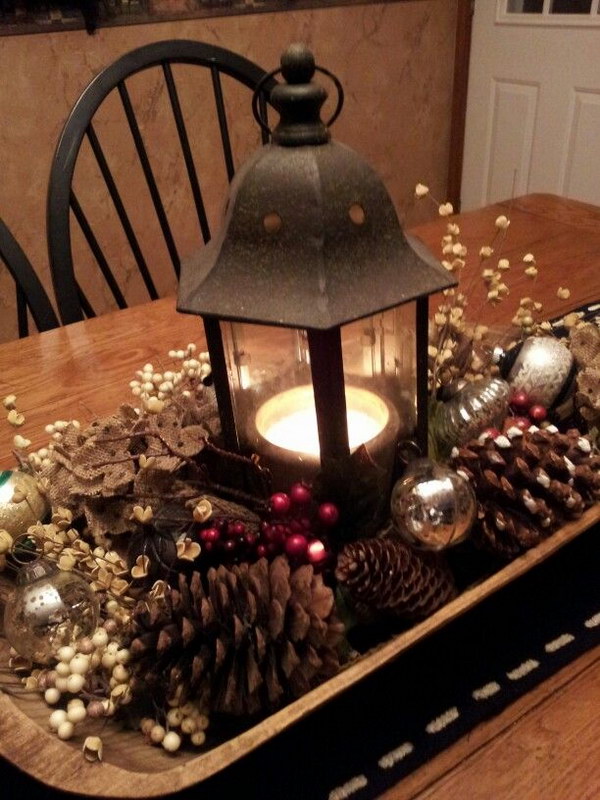 Christmas Table Centerpiece with Pinecones and Mercury Glass Balls 