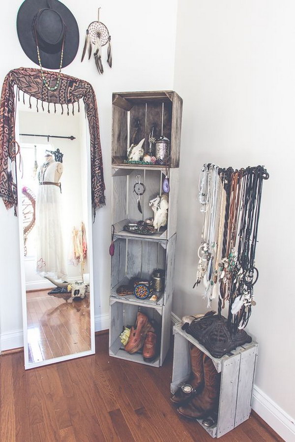 Bohemian Dressing Room with DIY Crate Shelves 