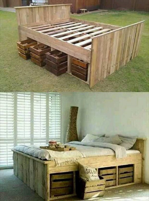 DIY Pallet Bed with Crates under That Can Pull out 