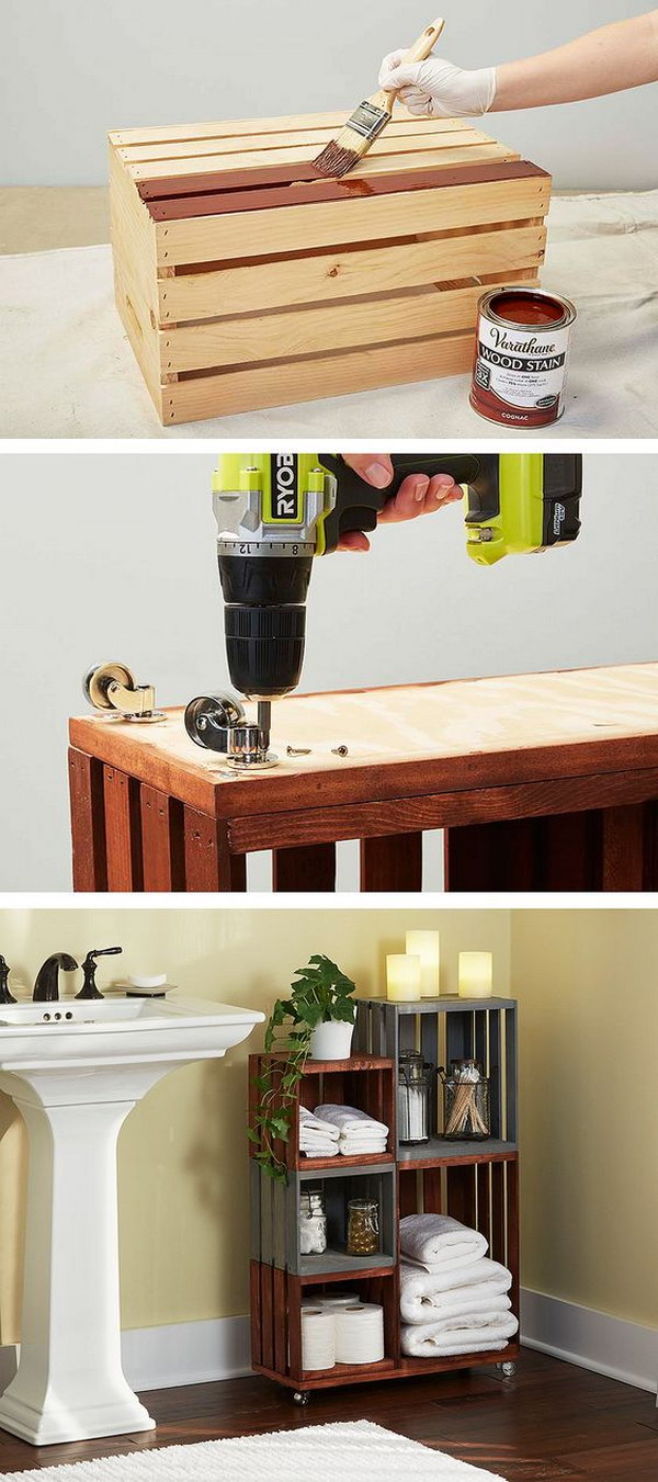 Turn Ordinary Wooden Crates Into Cool Bathroom Storage On Wheels. 