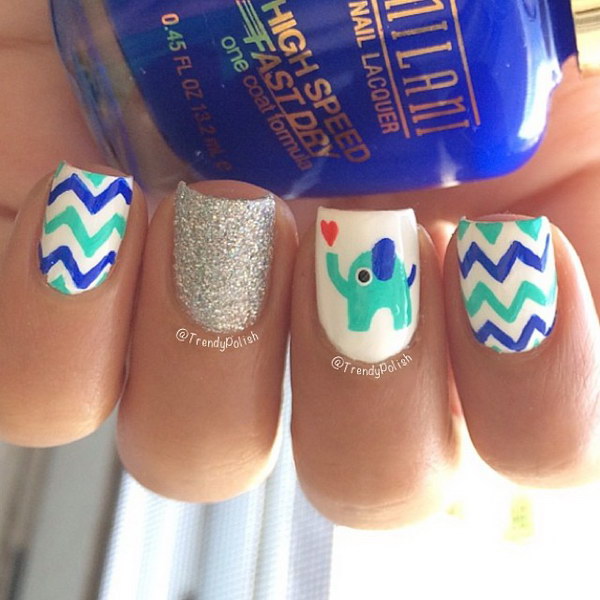 Cute Chevron Nail Art Design with Elephant and a Little Heart 