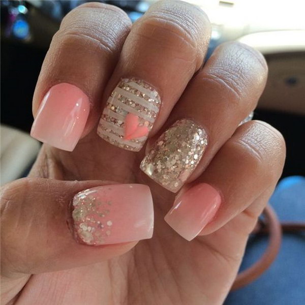 Nice Light Ombre Paired with Sparkle and a Little Heart Nail Art 