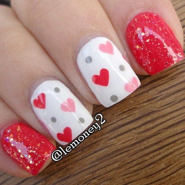 Easy Cute Hearts and Polka Dots Nail Art for Valentine 