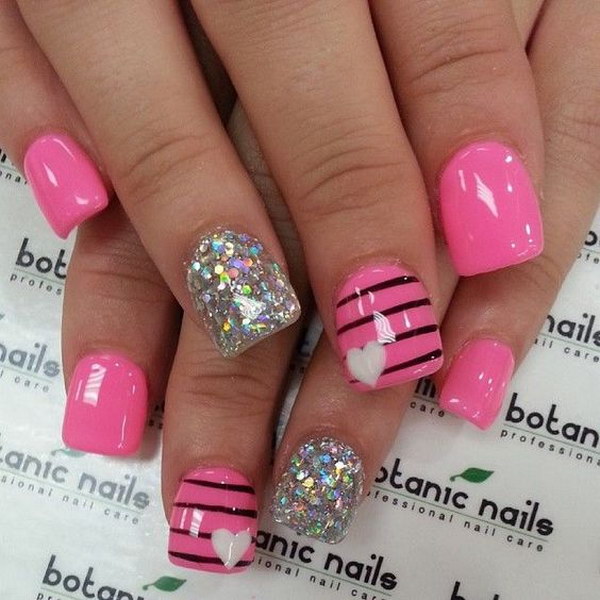Pink and Glitter Stripes with Heart Nail Art Designs 