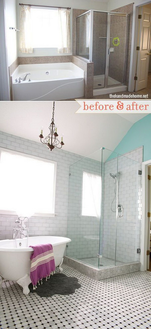 A Master Bath's Unexpected Makeover Using White Glass and Subway Tile. 