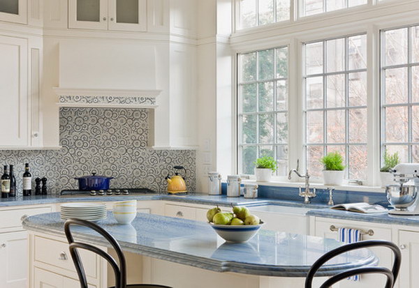 Lovely White Kitchen Cabinets With Cute Mosiac Tile Backsplash And Blue Countertop . 