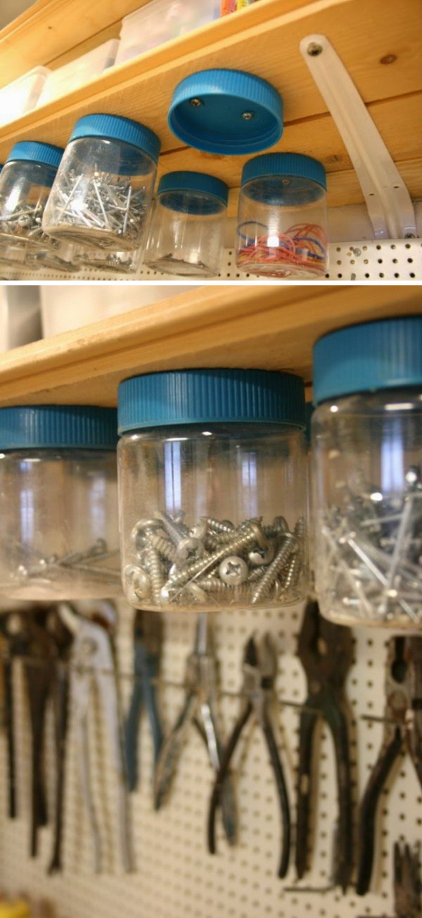 Hang Jars Under Shelves for Screws, Nails Storage. 