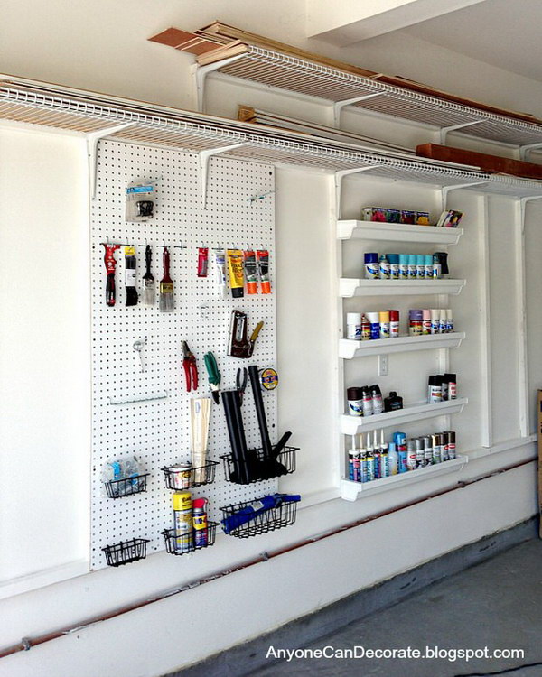 Custom Garage Organizer with Pegboard and Inexpensive Shelving. 