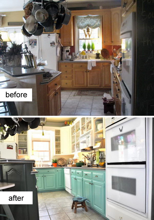 Kitchen Before & After: Going Retro with Turquoise Cabinetry. 