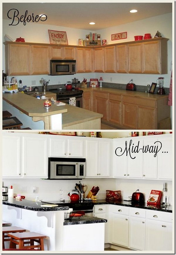 Kitchen Makeover: Faux Granite Countertop and Bright White Painted Cabinets. 