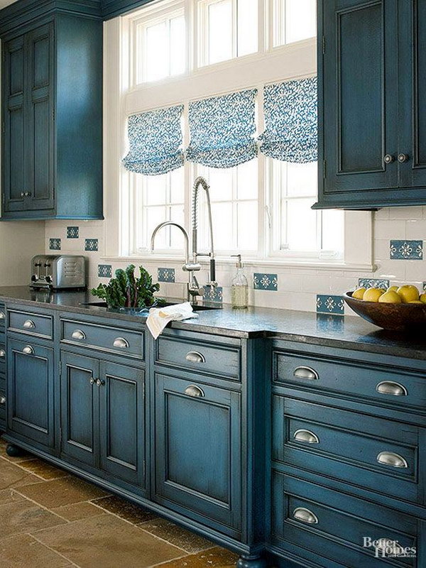 Navy Blue Kitchen Cabinet with Silver Hardware. 