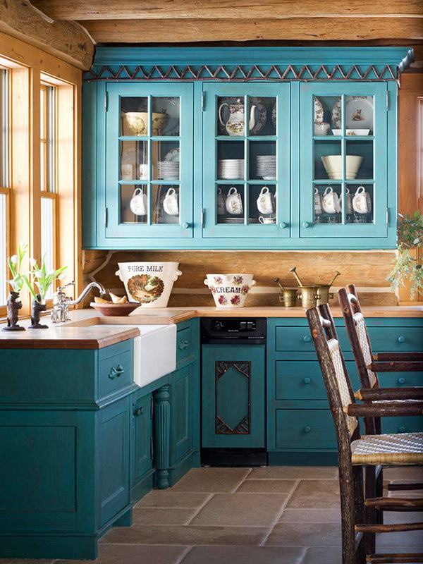 Turquoise Painted Kitchen Cabinets. 