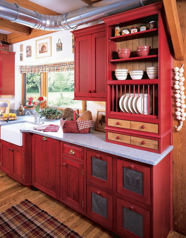 Traditional Country Kitchen with Red stained Cabinetry. 