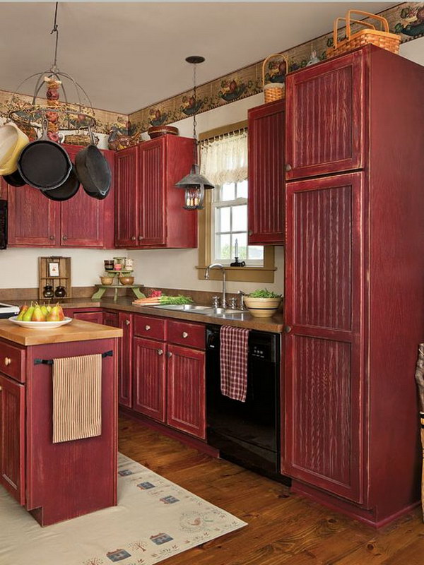 Vintage Red Painted Stock Cabinets for a Custom Country Kitchen. 