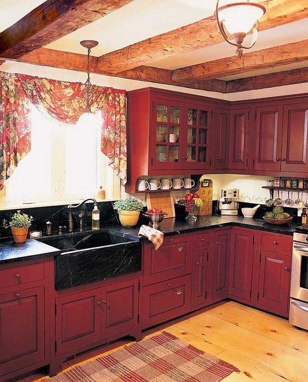Red Country Kitchens with Rustic Wood Beams. 